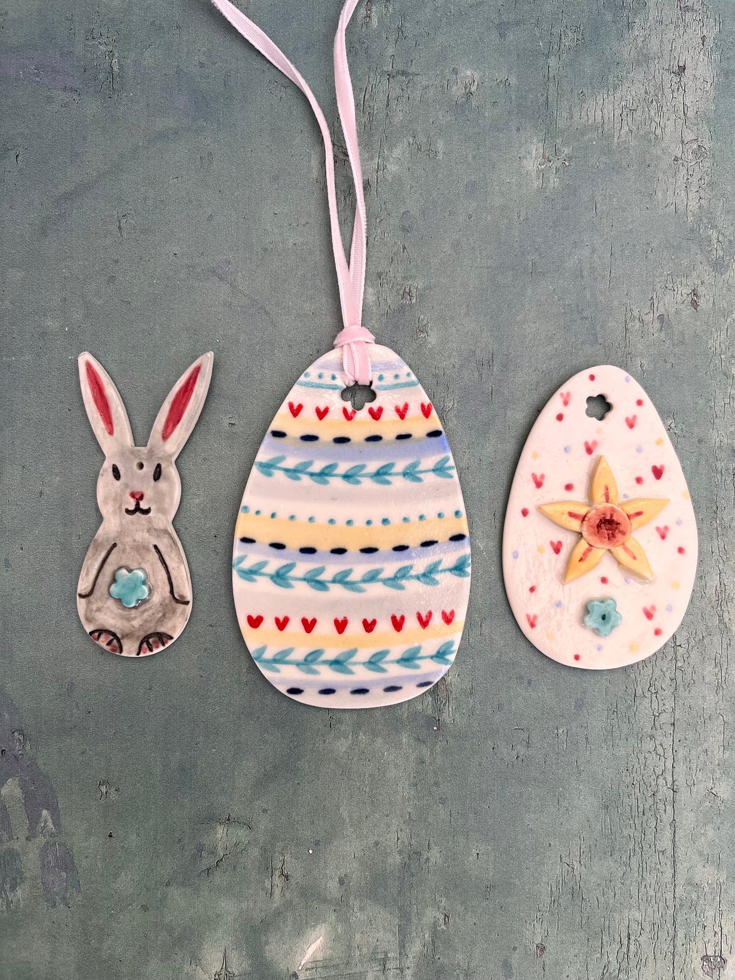 Easter decorations - hanging sets of porcelain eggs & bunnies