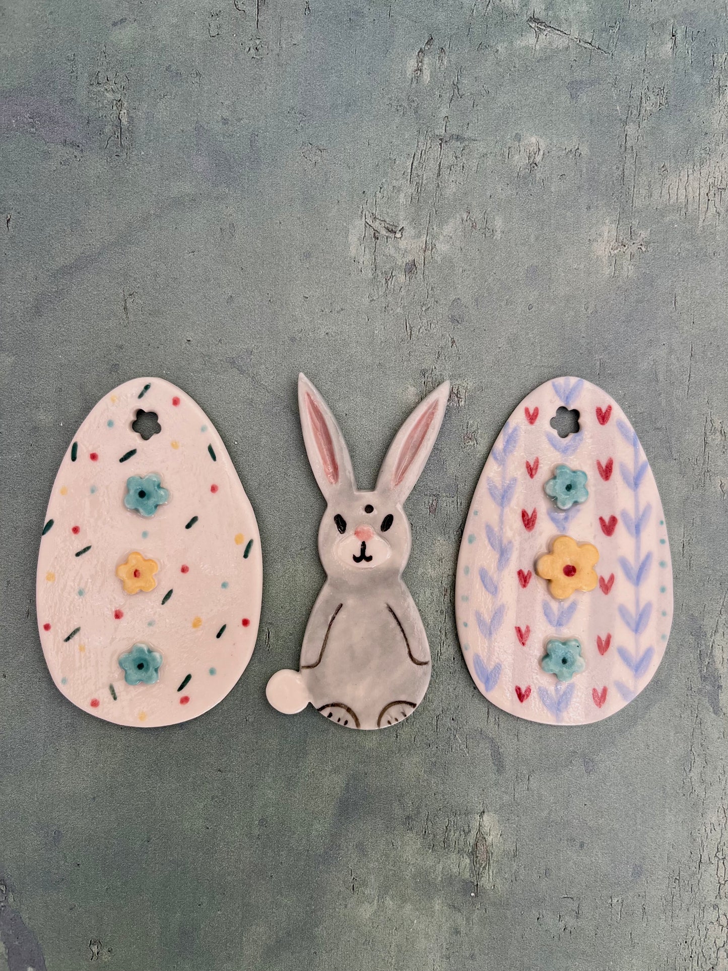 Easter decorations - hanging sets of porcelain eggs & bunnies