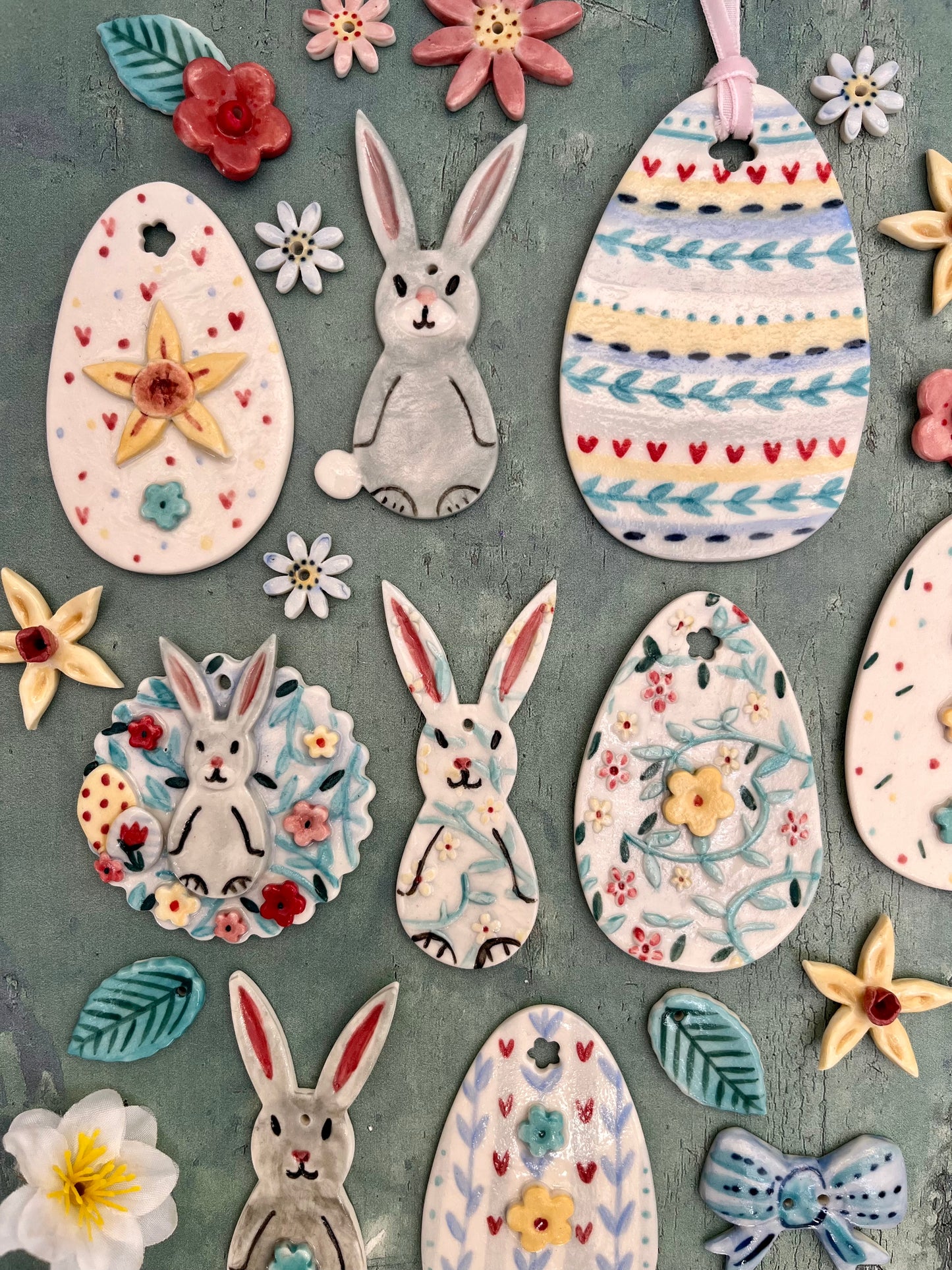 Easter decorations - hanging sets of porcelain eggs & bunnies